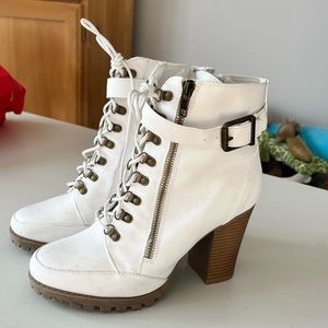 Never worn white lace up heeled boots